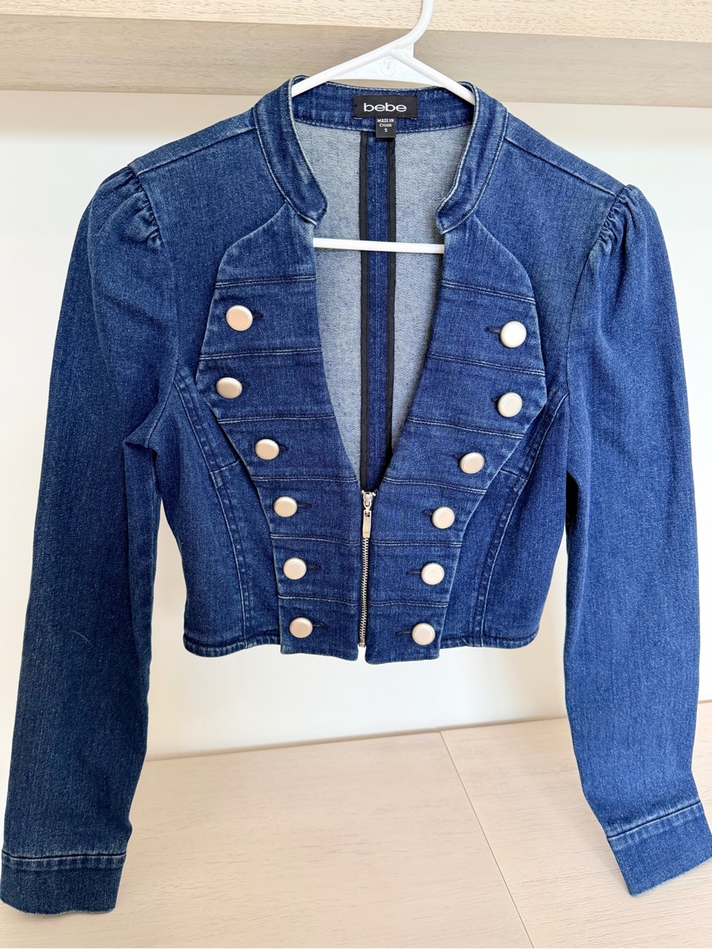bebe Dark Blue Denim Military-Style Cropped Jacket